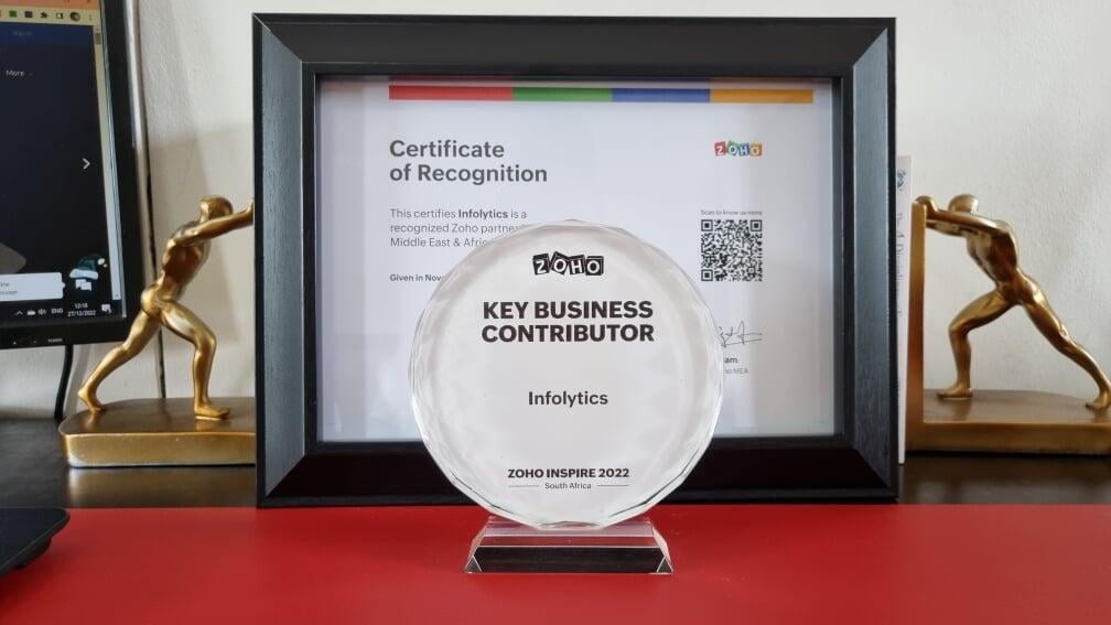 Infolytics win the Zoho Partner Key Business Contributor Award